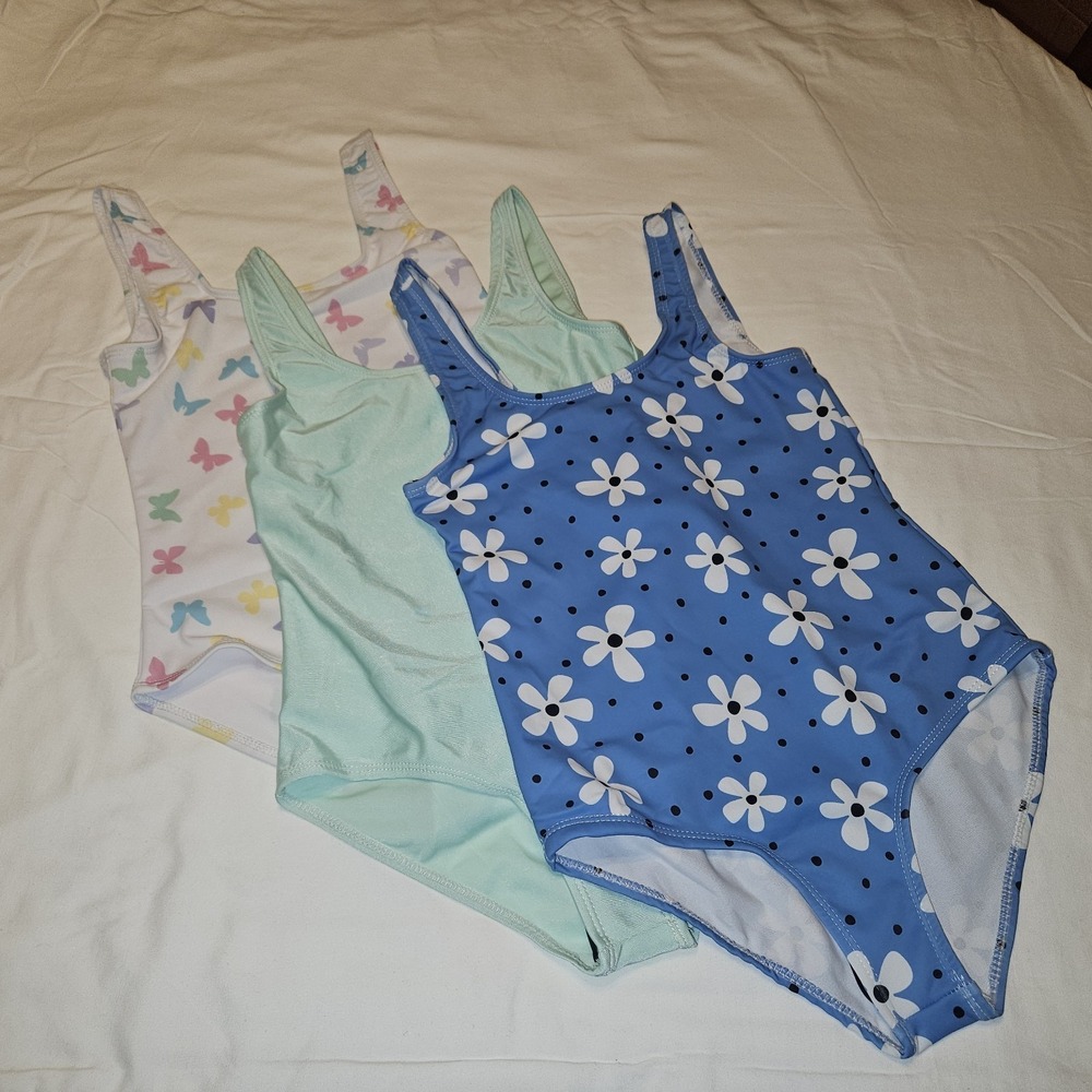 Real Essentials 3 Pack Girl's Surf UPF 50+ Printed One Piece Swimsuit, Multi, M
